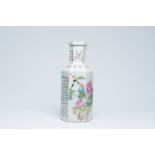 A hexagonal Chinese qianjiang cai vase with an animated landscape and a bird on a blossoming branch,