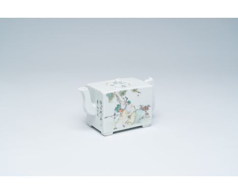 Title: A rectangular Chinese qianjiang cai teapot with a bird among blossoming branches and an Immortal and his servant in a 