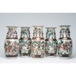 Five Chinese Nanking crackle glazed famille rose 'warrior' vases, 19th/20th C.