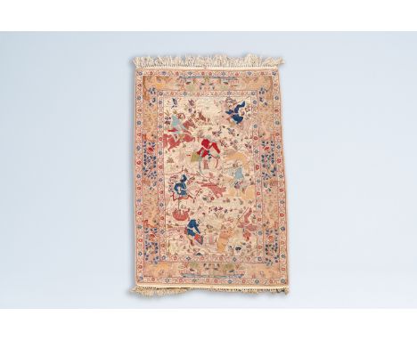 Full title: A Persian Nain 'hunting scenes' rug, wool on cotton, Iran, 20th C.Description:168 x 108 cm