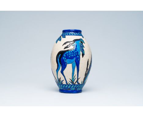 Full title: A Boch Keramis Art Deco crackle glazed vase with polychrome deer design, La Louviere, Charles Catteau, second qua