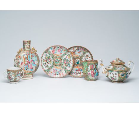 Title: A varied collection of Chinese Canton famille rose porcelain with palace scenes and floral design, 19th C.Description: