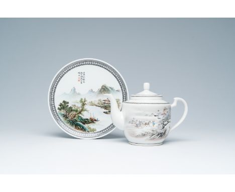 Title: A Chinese qianjiag cai 'river view' plate and a 'winter landscape' teapot and cover, 20th C.Description:Dia: 22 cm H 1