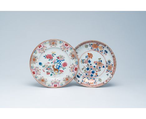 Full title: Two Chinese Imari style and famille rose plates with floral design and a deer, Kangxi/QianlongDescription:Dia.: 2