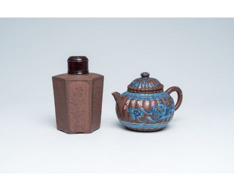 Full title: A Chinese Yixing stoneware tea caddy with floral relief design and an enamel teapot and cover, 18th C. and laterD