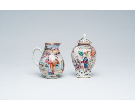 Full title: A Chinese famille rose 'Mandarin' milk jug and tea caddy and cover, QianlongDescription:H 13 cm (the tea caddy) H
