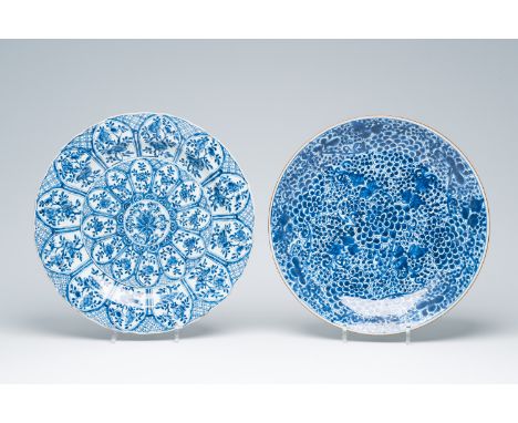 Full title: Two Chinese blue and white chargers with floral design, KangxiDescription:Dia.: 36,5 - 35,5 cm