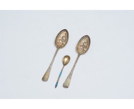Full title: Two English gilt silver fruit spoons and a Russian silver and cloisonne enamel spoon, 84 zolotnik, 20th C.Descrip
