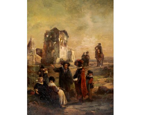 Full title: European school, illegibly signed: A company at halftime, oil on panel, 19th C.Description:Work: 37,5 x 28,7 cm F