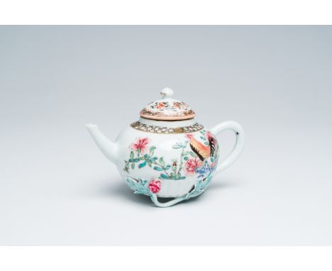 Full title: A Chinese famille rose teapot and cover with roosters among peonies and applied floral design, YongzhengDescripti