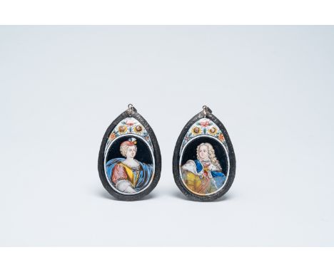 Full title: A pair of Limoges enamel miniature portraits, France, 17th/18th C.Description:H 9,5 cm