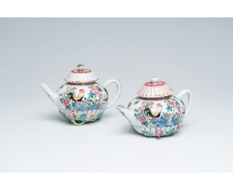 Full title: A pair of Chinese famille rose teapots with roosters among peonies and floral relief design, YongzhengDescription