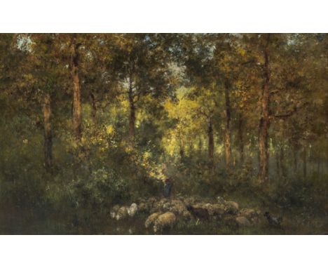 Title: Xavier De Cock (1818-1896): A shepherd in the forest with his flock, oil on panel, dated 1880Description:Work: 57 x 36