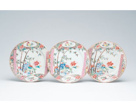 Full title: Three Chinese famille rose plates with a scroll with floral design, YongzhengDescription:Dia: 22,6 cm
