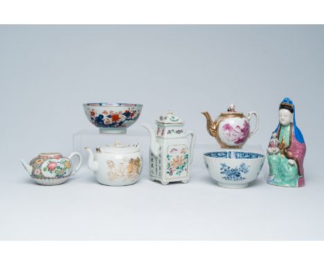 Full title: Four Chinese teapots, two bowls and a figure of Guanyin in blue, white, Imari style, famille rose and gilt porcel