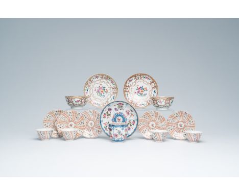 Full title: Seven Chinese famille rose cups and eight saucers with floral design, QianlongDescription:Dia.: 14 - 10,3 cm (the