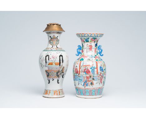 Full title: A Chinese famille rose baluster shaped 'antiquities' vase mounted as a lamp and a vase with palace scenes, 19th/2