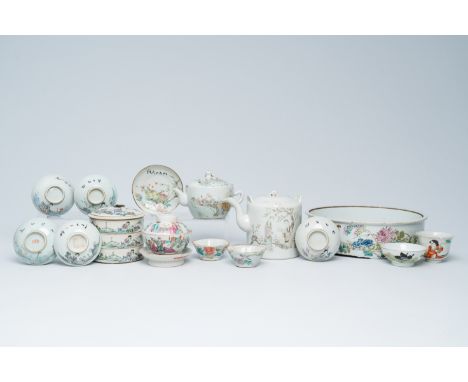 Title: A varied collection of Chinese famille rose and qianjiang cai porcelain with floral design and figures in a landscape,