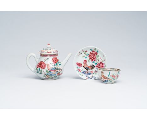 Full title: A Chinese famille rose teapot and cover, a cup and a saucer with birds and a rooster among blossoming branches, Y