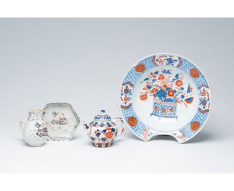 Full title: A Chinese Imari style barber's bowl and a teapot and a grisaille milk jug and a spoon tray, Kangxi/QianlongDescri