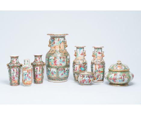 Title: Six Chinese Canton famille rose vases, a jar and cover and a cream jug, 19th C.Description:H 34,1 - 8,5 cm (the talles