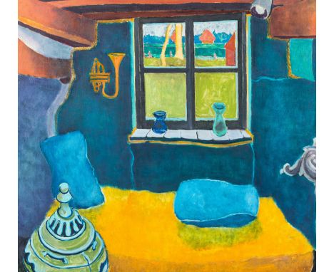 Full title: Joe (Jozef) Van Rossem (1940-2004): 'Thuis bij Michiels te Merendree', oil on canvas, dated (19)65Description:Wor
