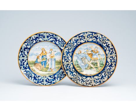 Full title: Two Italian polychrome maiolica chargers with mythological depictions, ca. 1900Description:Dia.: 32,3 - 31,8 cm