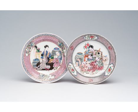 Full title: Two French Samson famille rose style 'ruby back' dishes with a lady and children in an interior, Paris, 19th C.De