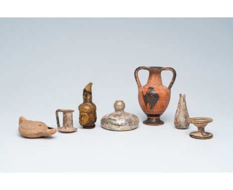 Full title: A varied collection of archaeological glass and pottery utensils and fragments, Greco-Roman period and laterDescr