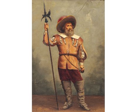 Full title: European School, signed Minalolo: The musketeer, oil on panel, dated 1884Description:Work: 33,5 x 21,7 cm Frame: 