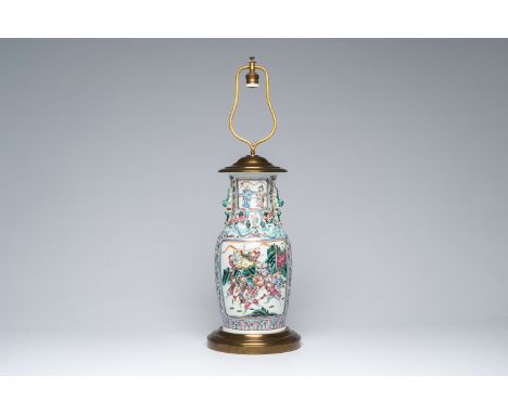 Title: A Chinese famille rose vase with warrior and palace scenes and birds among blossoming branches mounted as a lamp, 19th