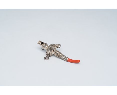 Full title: An English silver rattle with coral pacifier and whistle, Birmingham, maker's mark Joseph Willmore, 19th C.Descri