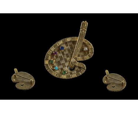 A Superb 9ct Gold Novelty Gem Set Brooch In the Form of an Artists Palette and Brushes, Set with Emerald, Turquoise, Ruby, Pe