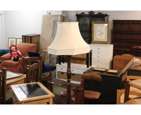 Reproduction carved mahogany standard lamp with shade