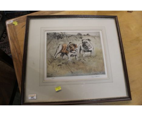 Limited edition coloured etching, 2 English Bulldogs, signed and numbered in pencil to margin, signature indistinct, mounted,
