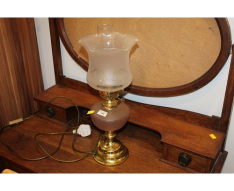 Brass effect and glass electric table lamp, antique oil lamp form 