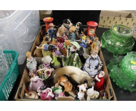 Box of ceramic figurines and animal ornaments, to include Goebel style bisque figurines, royal Doulton terrier, etc. 