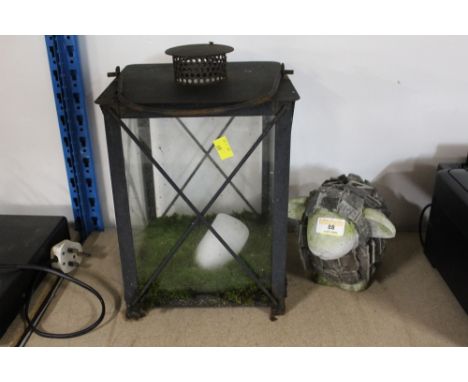 Composite stone and slate garden figure of a lamb and a glazed metal lantern
