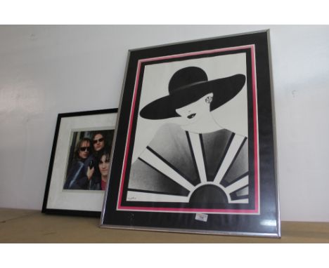 A 1930's Art Deco style portrait print, marked Cannette, and a framed rock group photograph 
