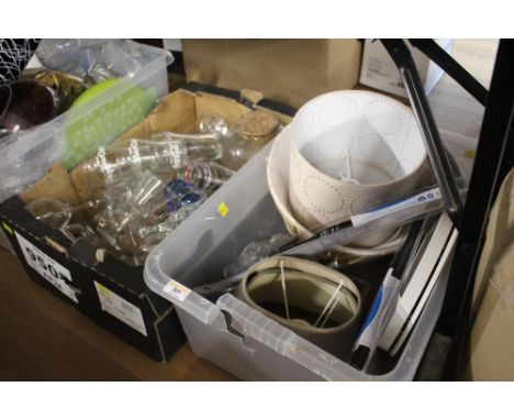 2 boxes of glassware, lamp shades, kitchen scales