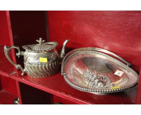 Embossed silver plated fruit basket and a silver plated teapot