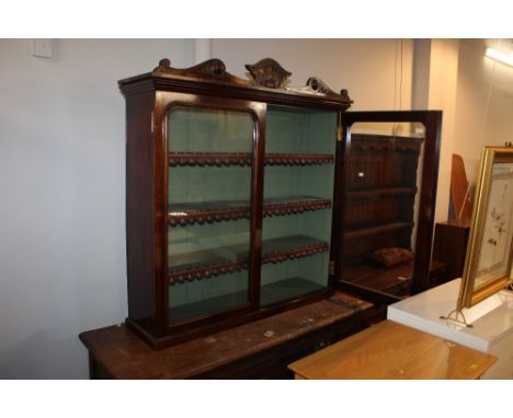 Victorian mahogany glazed bookcase top with moulded surmount and tooled leather shelf fronts