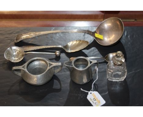 Planished pewter sugar and cream, plated ladle etc