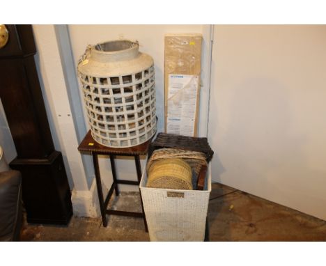 Woven wicker baskets, woven wicker lantern, oak occasional table and pack of laminate flooring 