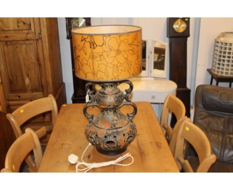 West German "Fat Lava" reticulated lamp with scrolled handles and associated floral shade