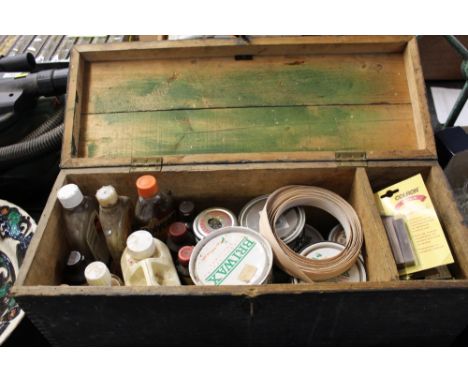 Vintage stained pine toolbox containing various wood care items - Briwax, Wax repair sticks etc