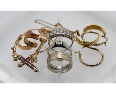A mixed collection of 9ct gold jewellery including a ruby cross, total weight of 9ct 12g, also a 18ct yellow gold band ring a