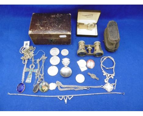 A SMALL QUANTITY OF ASSORTED COSTUME JEWELLERY INCLUDING A ROTARY WATCH, MOTHER OF PEARL OPERA GLASSES, HALL MARKED SILVER AL