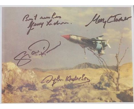 Thunderbirds, a coloured print showing Thunderbird 1, signed in black ink by creator Gerry Anderson, further signed Sylvia An