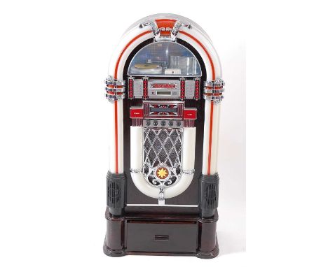 A Steepletone CD Rock i-1CD retro style illuminating floor standing jukebox CD player on stand, with remote w.54, d.27, h.122